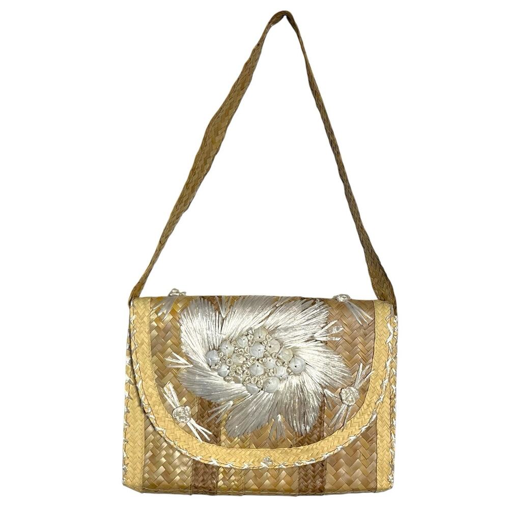 VINTAGE 60s 70s STRAW & RAFFIA PURSE TWO TONE WOVEN SUMMER BEACH RETRO TROPICAL